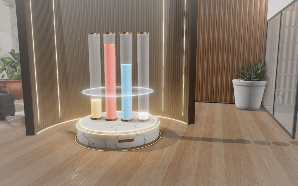 Glowing columns of health data on a marble pedestal