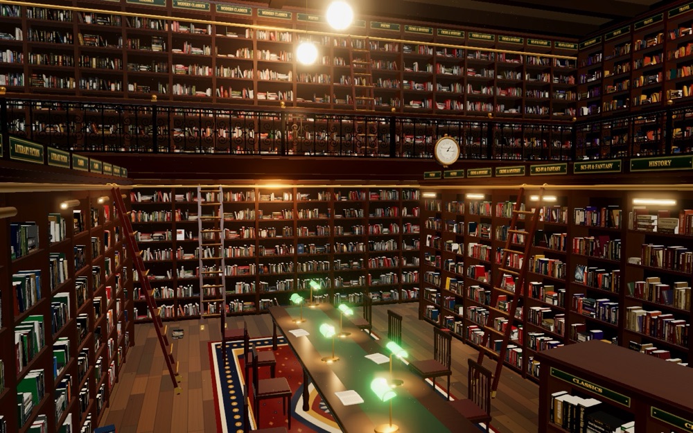 A candle-lit library with tall shelves of books